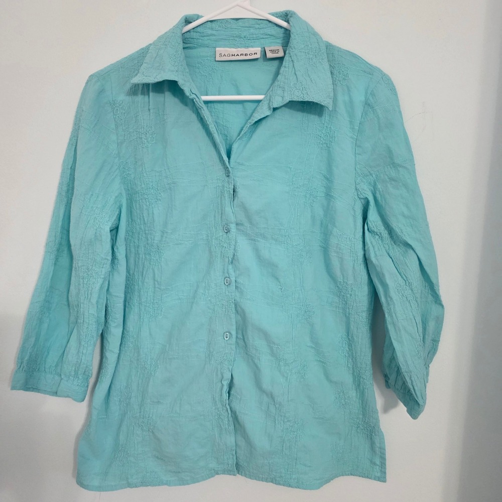 Sag Harbor Aqua Turquoise Floral Embroidered Button Front Blouse Cotton Medium